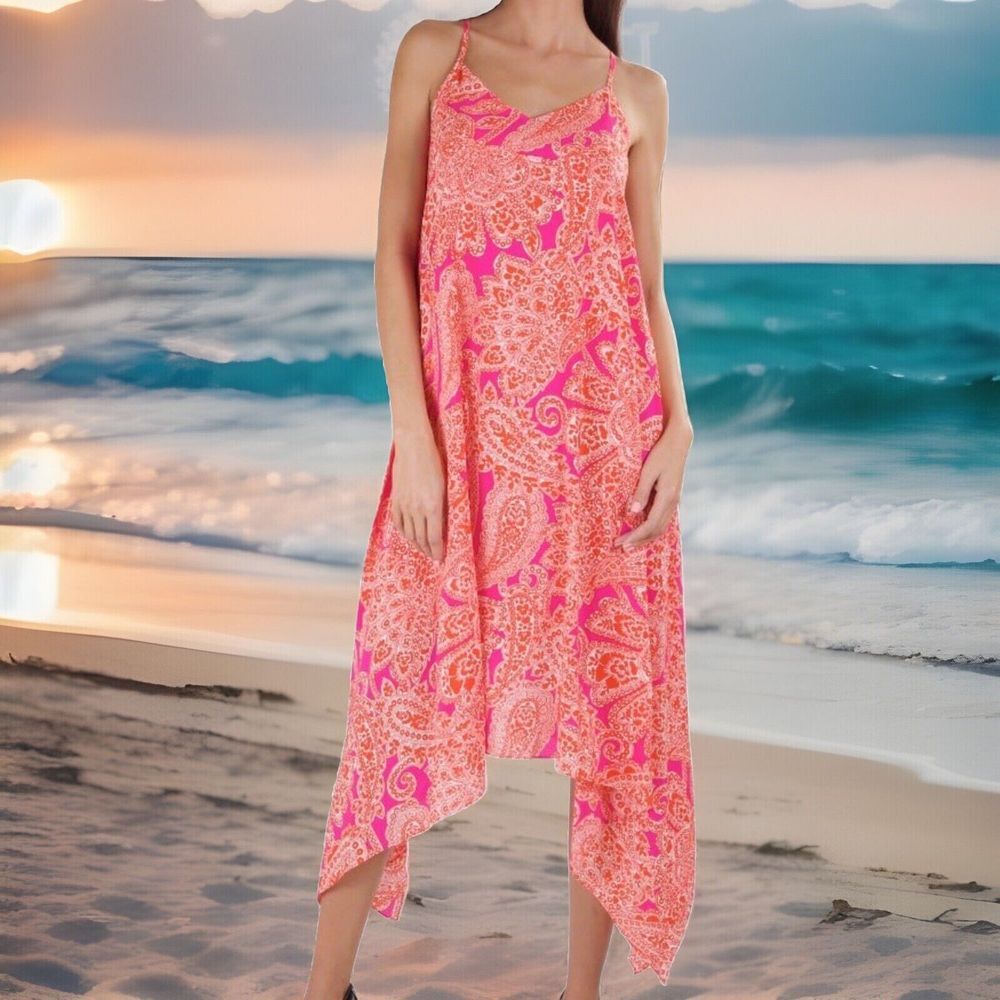 TRINA TURK 100% Silk Pink Orange Printed Handkerchief Hem Strappy Dress Size 0
